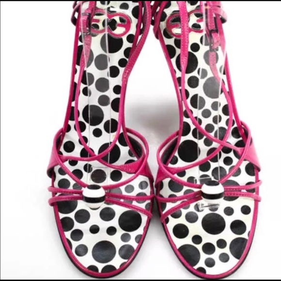 Escada Barbie Pink with Black and white Polka Dot Strappy Stilettos 👠 6.5 - Picture 9 of 12